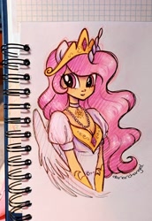 Size: 2152x3135 | Tagged: safe, artist:dariarchangel, derpibooru import, princess celestia, alicorn, human, g4, alicorn wings, beads, beautiful, celestia's crown, choker, chokerlestia, clothes, crown, cute, cutelestia, dress, eared humanization, ethereal hair, female, gem, gloves, halfbody, horn, horned humanization, humanized, jewelry, long hair, long horn, necklace, peytral, photo, pink eyes, pink hair, pink-mane celestia, pretty, puffy sleeves, regalia, sketchbook, slender, solo, thin, unicorn horn, white dress, winged humanization, wings, woman, young celestia