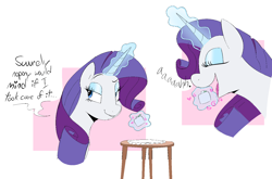 Size: 1544x1020 | Tagged: safe, artist:squeezy_squish, derpibooru import, part of a set, rarity, pony, unicorn, g4, bust, eating, emanata, eyes closed, female, horn, looking sideways, magic, magic aura, passepartout, petit four, smiling, solo, speech bubble, story included, table, this will end in weight gain, weight gain sequence