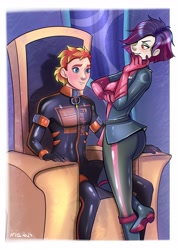 Size: 2355x3300 | Tagged: safe, artist:iraabella, derpibooru import, oc, oc only, oc:cipher shadow(fireverse), oc:fireheart(fire), human, equestria girls, g4, alternate universe, boots, breasts, clothes, duo, duo male and female, female, fireheart76's latex suit design, gloves, humanized, humanized oc, indoors, latex, latex boots, latex gloves, latex suit, male, prisoners of the moon, reference sheet, rubber, rubber gloves, rubber suit, shoes