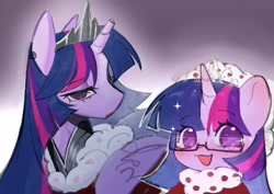 Size: 2160x1529 | Tagged: safe, artist:moshuijiumu, derpibooru import, twilight sparkle, twilight sparkle (alicorn), alicorn, pony, blushing, body armor, broken horn, chibi, clothes, crown, female, glasses, gradient background, hat, horn, jewelry, mare, older, older twilight, older twilight sparkle (alicorn), regalia, sparkles, upper body, winter outfit