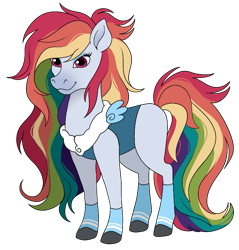 Size: 745x779 | Tagged: safe, artist:byefella, derpibooru import, rainbow dash, horse, blue coat, clothes, female, mare, multicolored hair, rainbow hair, simple background, socks, solo, style emulation, transparent background, unshorn fetlocks, wild manes, wild manesified