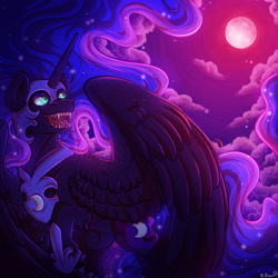 Size: 1000x1000 | Tagged: safe, artist:binibean, derpibooru import, nightmare moon, alicorn, pony, blood moon, concave belly, ethereal mane, female, mare, moon, night, sharp teeth, signature, solo, speedpaint available, teeth