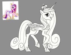 Size: 3300x2550 | Tagged: safe, artist:itsmaye07, derpibooru import, princess cadance, alicorn, pony, g4, bipedal, concave belly, crown, eyelashes, female, folded wings, gray background, hoof shoes, jewelry, long mane, looking at you, looking sideways, mare, monochrome, open mouth, open smile, peytral, princess shoes, reference used, regalia, side view, simple background, slender, smiling, solo, thin, wings