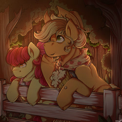 Size: 1000x1000 | Tagged: safe, artist:binibean, derpibooru import, apple bloom, applejack, earth pony, pony, g4, cider mug, duo, duo female, female, fence, mare, mug, older, older apple bloom, older applejack, outdoors, signature, speedpaint available, sweet apple acres, tree