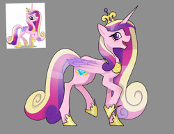 Size: 3300x2550 | Tagged: safe, artist:itsmaye07, derpibooru import, princess cadance, alicorn, pony, g4, bipedal, colored, concave belly, crown, eyelashes, female, folded wings, gray background, hoof shoes, jewelry, long mane, looking at you, looking sideways, mare, open mouth, open smile, peytral, princess shoes, reference used, regalia, shading, side view, simple background, slender, smiling, solo, thin, wings