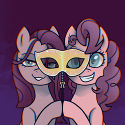 Size: 3000x3000 | Tagged: safe, artist:byefella, derpibooru import, pinkie pie, earth pony, pony, abstract background, duality, duo, female, lidded eyes, mare, masquerade mask, pinkamena diane pie, self paradox, self ponidox, smiling