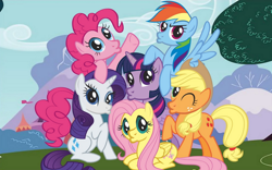 Size: 1024x640 | Tagged: safe, artist:christophr1, derpibooru import, applejack, fluttershy, pinkie pie, rainbow dash, rarity, twilight sparkle, twilight sparkle (alicorn), alicorn, earth pony, pegasus, pony, unicorn, g4, duckface, female, lying down, mane six, mane six opening poses, mare, outdoors, ponyloaf, prone