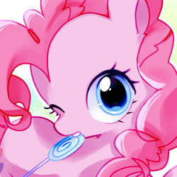 Size: 2048x2048 | Tagged: safe, artist:izuchi, derpibooru import, pinkie pie, earth pony, pony, g4, candy, food, one eye closed, solo, wink