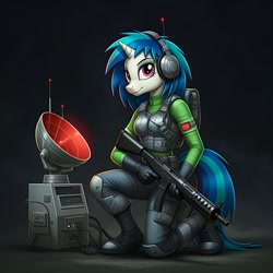 Size: 1024x1024 | Tagged: safe, ai content, derpibooru import, machine learning generated, dj pon-3, vinyl scratch, anthro, plantigrade anthro, unicorn, series:g.i. pony: a real equestrian hero, g4, assault rifle, backpack, breasts, clothes, cosplay, costume, female, g.i. joe, generator:google imagen 3.0, gradient background, gun, headphones, horn, kneeling, military uniform, prompter:zerowinger, psyche-out, rifle, smiling, solo, transmitter, uniform, weapon