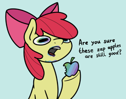 Size: 2048x1618 | Tagged: safe, artist:ewoudcponies, derpibooru import, apple bloom, earth pony, pony, g4, apple, bust, dialogue, female, food, high, hoof hold, light blue background, mare, open mouth, simple background, solo, tripping balls, zap apple