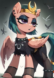 Size: 827x1182 | Tagged: safe, ai content, derpibooru import, machine learning generated, somnambula, pegasus, pony, g4, black dress, choker, clothes, dress, eyeshadow, female, fishnet clothing, fishnet stockings, frown, generator:dreamup, goth, head turn, looking to side, looking to the right, makeup, mare, prompter:kuporosso, side slit, solo, spiked choker, stockings, thigh highs, torn clothes