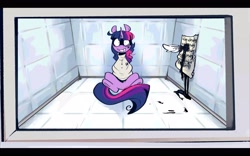 Size: 2800x1752 | Tagged: safe, artist:urbanqhoul, derpibooru import, twilight sparkle, unicorn twilight, pony, unicorn, alternate universe, bondage, evil smile, evil twilight, female, horn, indoors, ink, insanity, madness, mare, my little romance - princess, padded cell, pmv, quill, screenshots, scroll, smiling, straitjacket, teardrop, window