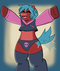 Size: 1383x1643 | Tagged: safe, artist:a.f blade kido, derpibooru import, oc, oc only, oc:blade kido, earth pony, pony, semi-anthro, belly, blue mane, clothes, femboy, gradient background, male, open mouth, paggi outfit, panties, red coat, smiling, socks, sweater, thigh highs, thighs, two toned coat, underwear