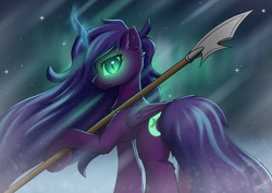 Size: 1754x1240 | Tagged: safe, artist:hugo231929, derpibooru import, oc, oc only, alicorn, pony, blurry background, cool, female, glare, glowing, glowing eyes, glowing horn, horn, looking at you, looking back, night, slit eyes, snow, snowfall, solo, stars, wallpaper, weapon, wings