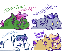 Size: 2000x1800 | Tagged: safe, artist:cactiflowers, derpibooru import, oc, oc only, oc:luxury de contenu de coeur, oc:sand dollar, oc:sugilite, oc:titanite tulip, dracony, hybrid, pony, base used, cute, dot eyes, interspecies offspring, lying down, offspring, parent:fancypants, parent:rarity, parent:spike, parent:thunderlane, parent:trenderhoof, parents:rarilane, parents:raripants, parents:sparity, parents:trenderity, prone, simple background, sploot, white background