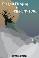 Size: 457x677 | Tagged: safe, artist:tikibat, derpibooru import, gabby, griffon, fanfic:runeverse, fanfic:the lost fledgling of griffonstone, g4, fanfic, fanfic art, fanfic cover, female, griffonstone, mountain, mountain range, pointy ponies, solo, sun, text