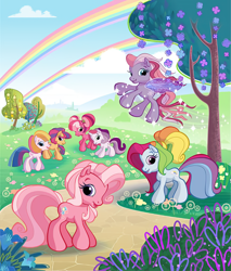 Size: 800x938 | Tagged: safe, artist:kathy carr, derpibooru import, cheerilee (g3), pinkie pie (g3), rainbow dash (g3), scootaloo (g3), starsong, sweetie belle (g3), toola roola, g3, g3.5, core seven, outdoors, rainbows, tree, upscaled