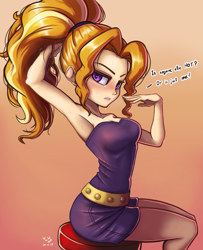 Size: 810x1000 | Tagged: safe, artist:the-park, derpibooru import, adagio dazzle, human, equestria girls, g4, alternate hairstyle, arm behind head, armpits, bare shoulders, female, gradient background, ponytail, question, sitting, sleeveless, solo, strapless