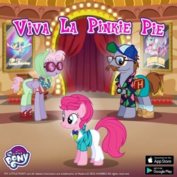 Size: 1080x1080 | Tagged: safe, derpibooru import, home stretch, pacifica, pinkie pie, earth pony, pegasus, pony, alternate hairstyle, alternate tailstyle, bowtie, gameloft, indoors, las pegasus, tail