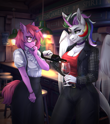 Size: 1500x1700 | Tagged: safe, artist:serodart, derpibooru import, oc, oc only, oc:izma acid, oc:soules phantom, anthro, original species, unicorn, alcohol, bar, bottle, choker, clothes, commission, drink, glass, glasses, horn, indoors, jacket, leather, leather jacket, shy, smiling, wine, wine bottle, wine glass, wings