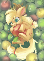 Size: 1791x2480 | Tagged: safe, artist:cutepencilcase, derpibooru import, applejack, earth pony, pony, g4, apple, food, micro, solo, that pony sure does love apples