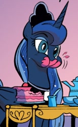 Size: 270x438 | Tagged: safe, derpibooru import, idw, princess luna, alicorn, pony, cake, cakeluna, cheek bulge, cropped, crown, cute, female, folded wings, food, friendship is magic #18, horn, jewelry, lunabetes, mare, messy eating, official comic, regalia, wings