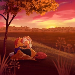 Size: 1020x1024 | Tagged: safe, artist:brooke mccan, derpibooru import, applejack, oc, oc:cave glider, earth pony, pony, duo, eyes closed, field, nuzzling, outdoors, ship:caveapple, shipping, sunset, tree