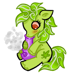 Size: 1454x1463 | Tagged: safe, artist:twipiebongrip, derpibooru import, oc, oc only, oc:stoney poney, earth pony, pony, g4, bloodshot eyes, blushing, bong, drugs, eyelashess, green coat, green mane, marijuana, red eyes, simple background, sitting, smoke, smoking, solo, weeds, white background