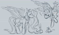 Size: 4096x2448 | Tagged: safe, artist:smoke_signs, derpibooru import, angel bunny, fluttershy, rainbow dash, tank, pegasus, pony, rabbit, tortoise, g4, animal, deez nuts, dialogue, flying, gray background, male, simple background, sketch, speech bubble, spread wings, wings