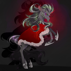 Size: 1024x1024 | Tagged: safe, artist:hoszzek, derpibooru import, king sombra, pony, unicorn, g4, alternate hairstyle, cloak, clothes, curved horn, hoof shoes, horn, male, rearing, solo, stallion