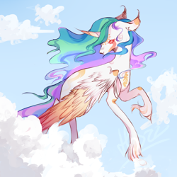 Size: 2024x2024 | Tagged: safe, artist:hoszzek, derpibooru import, princess celestia, alicorn, pony, g4, coat markings, colored wings, colored wingtips, curved horn, ear tufts, female, flying, horn, mare, outdoors, red eyes, solo, unshorn fetlocks, wings