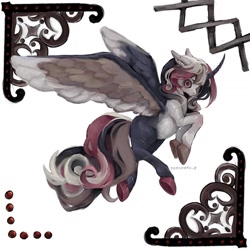 Size: 1440x1440 | Tagged: safe, artist:pepopero.p, derpibooru import, oc, oc only, alicorn, pony, curved horn, ear piercing, earring, female, flying, horn, jewelry, mare, piercing, solo