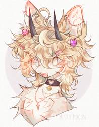 Size: 1155x1474 | Tagged: safe, artist:misty.mooon, artist:mistymoonqwq, derpibooru import, oc, oc only, pony, abstract background, bell, bell collar, bust, chest fluff, collar, curved horn, ear piercing, earring, horn, horns, jewelry, necklace, piercing, solo