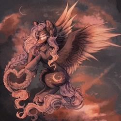 Size: 1440x1440 | Tagged: safe, artist:misty.mooon, derpibooru import, oc, oc only, pegasus, pony, braid, crescent moon, ear piercing, earring, female, flying, jewelry, mare, moon, necklace, piercing, solo, spread wings, unshorn fetlocks, wings