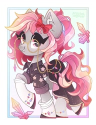 Size: 983x1280 | Tagged: safe, artist:crystal lagoon, derpibooru import, oc, oc only, oc:krista pebble, earth pony, abstract background, bow, clothes, curly hair, curly mane, cute, dress, ear fluff, ears, freckles, glasses, hair bow, jewelry, krystal, looking at you, pink eyes, pink mane, ponytail, raised hoof, raised leg, shirt, smiling, smiling at you, socks, star fox, stars, t-shirt, white socks