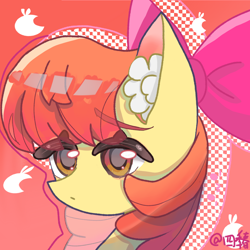 Size: 1080x1080 | Tagged: safe, artist:四季春, derpibooru import, apple bloom, earth pony, pony, absurd resolution, bow, bust, clothes, ear fluff, ears, female, filly, foal, gradient background, hair bow, patterned background, portrait, scarf, solo