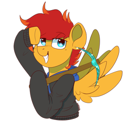 Size: 1869x1821 | Tagged: safe, artist:yourpennypal, derpibooru import, oc, oc only, oc:cave glider, pegasus, bust, clothes, hoodie, looking at you, male, pegasus oc, pickaxe, portrait, salute, simple background, smiling, smiling at you, solo, spread wings, stallion, stallion oc, transparent background, wings