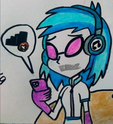 Size: 1263x1385 | Tagged: artist needed, source needed, safe, derpibooru import, dj pon-3, vinyl scratch, equestria girls, g4, gag, phone, solo, tape, tape gag, traditional art