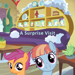 Size: 1096x1088 | Tagged: artist needed, safe, anonymous artist, artist:blueblitzie, artist:derphed2, derpibooru import, scootaloo, windy whistles, pegasus, pony, fanfic:a surprise visit, cute, cutealoo, duo, duo female, female, filly, foal, grin, indoors, living room, looking at each other, looking at someone, mare, mother and child, mother and daughter, parent and child, poster, potted plant, scootadoption, scootalove, smiling, smiling at each other, sofa, story included, table, windybetes