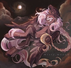 Size: 1347x1280 | Tagged: safe, artist:misty.mooon, derpibooru import, oc, oc only, pegasus, pony, braid, cloud, ear piercing, earring, female, flying, jewelry, mare, moon, piercing, solo, unshorn fetlocks