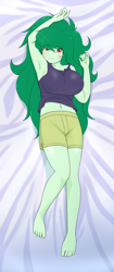 Size: 1668x3960 | Tagged: safe, alternate version, artist:batipin, derpibooru import, wallflower blush, human, equestria girls, g4, 2d, armpits, bangs, barefoot, belly, belly button, big breasts, body pillow, breasts, busty wallflower blush, cleavage, clothes, eyebrows, eyebrows visible through hair, feet, female, freckles, legs, legs together, looking at you, shirt, shorts, sleeveless, smiling, smiling at you, solo, toes