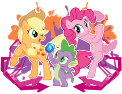 Size: 900x696 | Tagged: safe, artist:metadragonart, derpibooru import, applejack, pinkie pie, spike, dragon, earth pony, pony, g4, 2012, applejack's hat, artifact, bipedal, clothes, cowboy hat, female, gem, hat, male, mare, outline, partially transparent background, trio, white outline, wingless spike