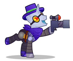 Size: 1280x1060 | Tagged: safe, artist:felikusstekill, derpibooru import, pony, robot, robot pony, unicorn, g4, bandana, base, base used, brawl stars, brawler, crossover, glasses, gun, hat, horn, male, ponified, rico, rico (brawl stars), ricochet, ricochet (brawl stars), solo, species swap, stallion, supercell, weapon