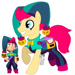 Size: 1080x1080 | Tagged: safe, artist:glass_squirrel, derpibooru import, part of a set, earth pony, pony, g4, box, brawl stars, brawler, chester, chester (brawl stars), clothes, crossover, hat, jack in a box, jack-in-the-box, jester hat, jester outfit, male, ponified, shoes, smiling, species swap, stallion, supercell