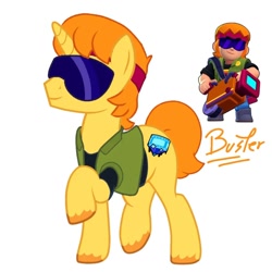 Size: 1080x1080 | Tagged: safe, artist:glass_squirrel, derpibooru import, part of a set, pony, unicorn, buster, buster (brawl stars), clothes, crossover, film, glasses, horn, male, ponified, shirt, simple background, smiling, solo, species swap, stallion, supercell, t-shirt, unshorn fetlocks, vest, white background