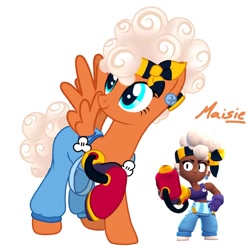 Size: 1080x1080 | Tagged: safe, artist:glass_squirrel, derpibooru import, part of a set, pegasus, pony, g4, brawl stars, brawler, clothes, crossover, curly hair, curly mane, curly tail, eyelashes, female, gloves, maisie, maisie (brawl stars), mare, pants, ponified, prosthesis, short shirt, simple background, smiling, solo, species swap, supercell, tail, white background