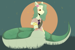 Size: 3900x2600 | Tagged: safe, artist:vincent, derpibooru import, oc, oc only, oc:lamey, lamia, original species, snake, snake pony, bracelet, clothes, flower, flower in hair, gold bracelet, grass, jewelry, long mane, necktie, outdoors, smiling, snakepony, sunset