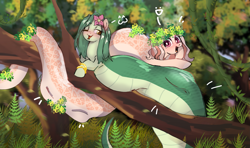 Size: 2061x1221 | Tagged: safe, artist:juiss, derpibooru import, oc, oc only, oc:ichordrop, oc:lamey, lamia, original species, snake, snake pony, bracelet, duo, duo female, female, floral head wreath, flower, flower in hair, foliage, forest, forest background, forked tongue, garland, gold bracelet, happy, jewelry, lying down, mother and child, mother and daughter, multiple prey, nature, one eye closed, outdoors, parent and child, smiling, snakepony, tongue, tongue out, tree, unknown prey, vine, vore, wink