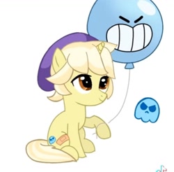 Size: 1453x1427 | Tagged: artist needed, source needed, safe, derpibooru import, ghost, pony, undead, unicorn, balloon, brawl stars, brawler, cap, colt, crossover, cute, daaaaaaaaaaaw, foal, gus, gus (brawl stars), hat, horn, male, ocbetes, ponified, simple background, solo, species swap, supercell, white background