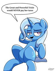 Size: 2000x2563 | Tagged: safe, artist:simpledoggo, derpibooru import, trixie, pony, unicorn, g4, featureless crotch, female, horn, looking at you, mare, simple background, sitting, solo, speech bubble, tax evasion, this will end in jail time, white background